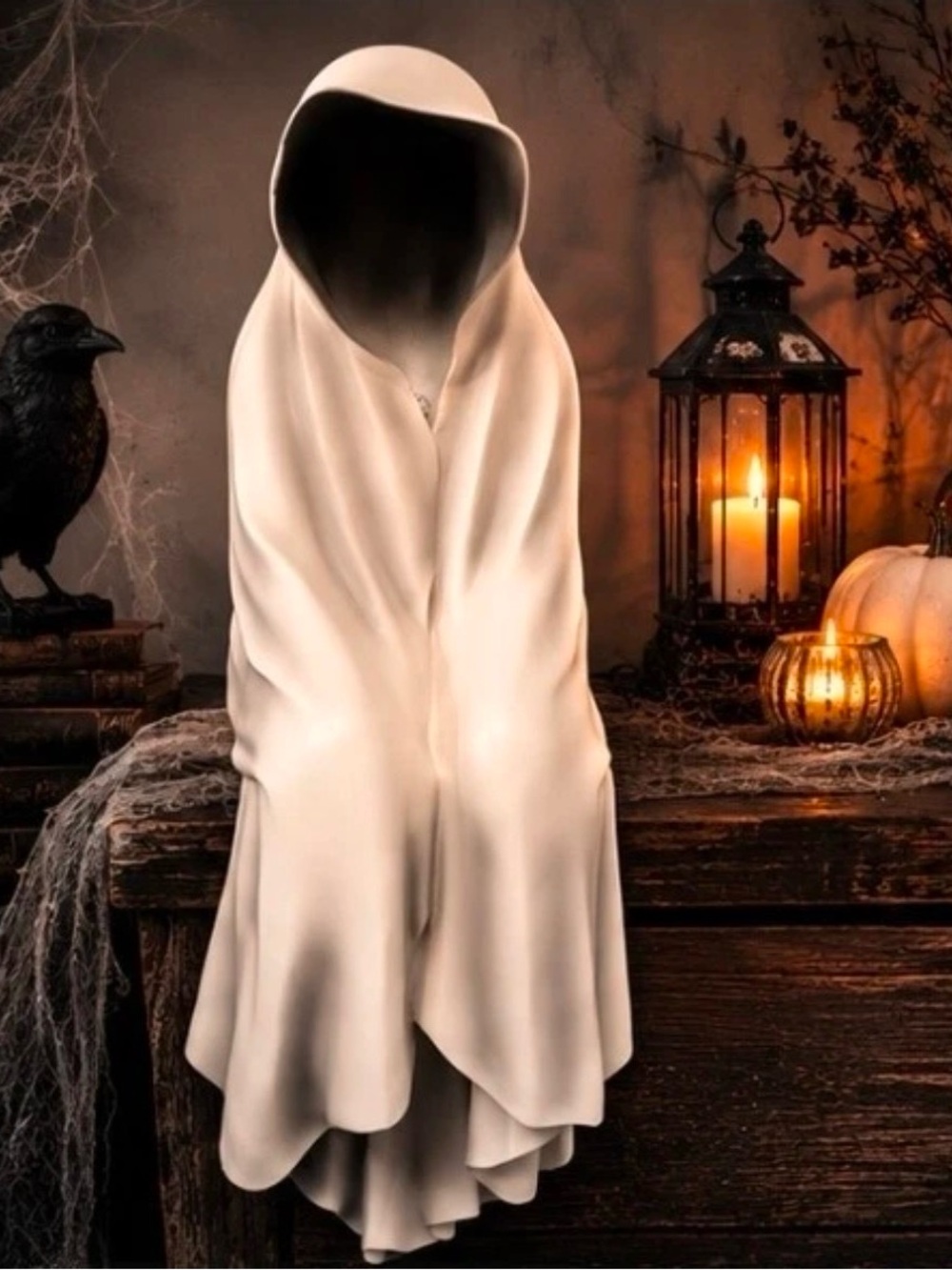 Hallows Eve White Grim Reaper Ghost Sitting Halloween Decor Light Up
